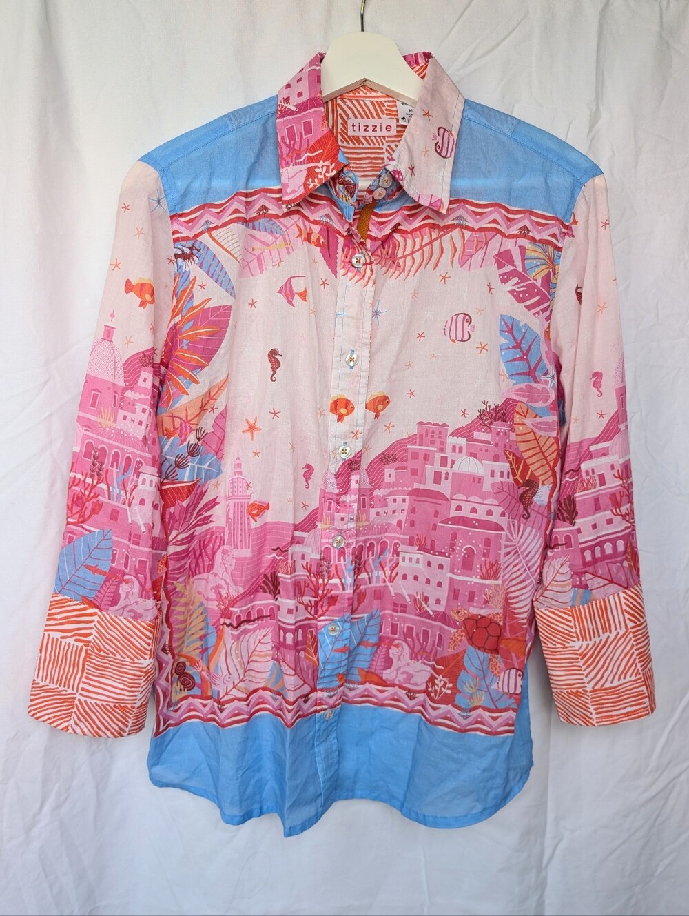 Tizzie By Dizzy-Lizzy Rome Shirt 3/4 Sleeve Pink And Blue Coastal Print - Medium